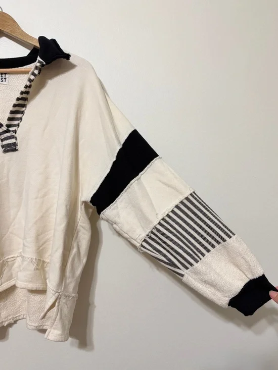 BUCKETLIST French Terry Colorblock Polo Sweater Size Medium Ivory Black Boho - Picture 5 of 8